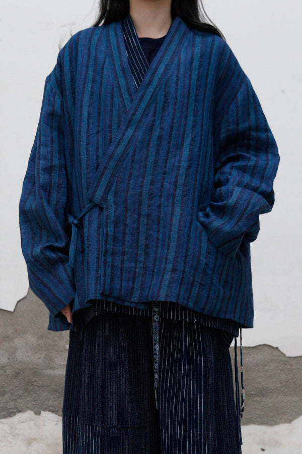 AVIVA JIFEI XUE Indigo Stripe Linen Short Kimono Jacket A21-KJS Reversible Indigo Stripe Linen Short Kimono Jacket